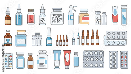 Extensive collection of various medical packaging including pill bottles glass jars ointment tubes ampoules syringes and blister packs of medicines.