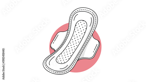 Single feminine hygiene pad or sanitary napkin shown against a pink circle background to represent menstruation and womens health care product use.