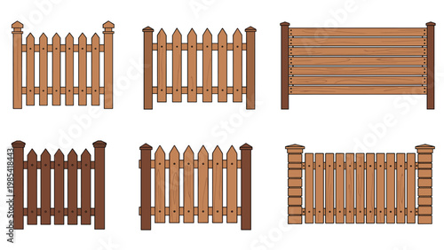 Collection of six brown wooden garden fence designs including picket fences and horizontal slat panels on a white background for exterior decoration.