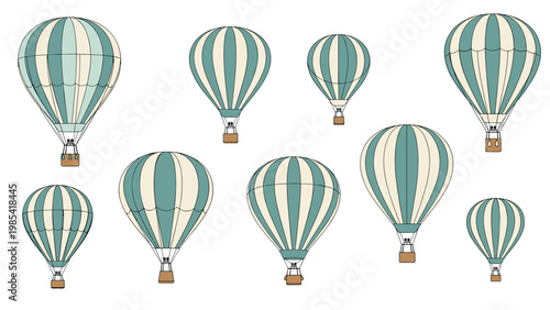 Set of ten striped light green and white hot air balloons floating in the air in various sizes on a plain white background for travel and adventure.