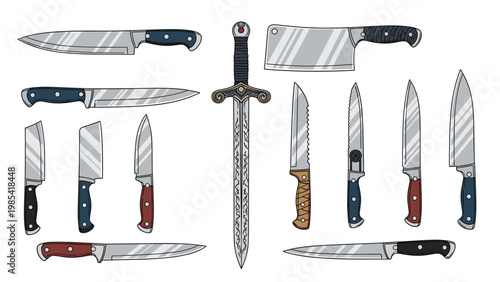Assortment of sharp blades including various kitchen knives a meat cleaver and an ornate decorative sword arranged on a plain white background for art.