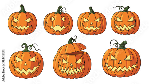 Collection of seven orange Halloween pumpkins with diverse carved facial expressions ranging from evil smiles to angry looks on a white background.