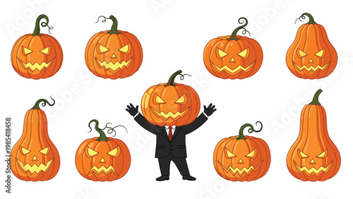 Scary Halloween pumpkins with various carved faces along with a person in a suit wearing a pumpkin mask on a plain white background for celebrations.