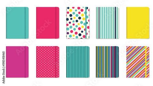 Set of ten colorful notebook or diary covers featuring various patterns like polka dots stripes and solid colors for school and office supply needs.