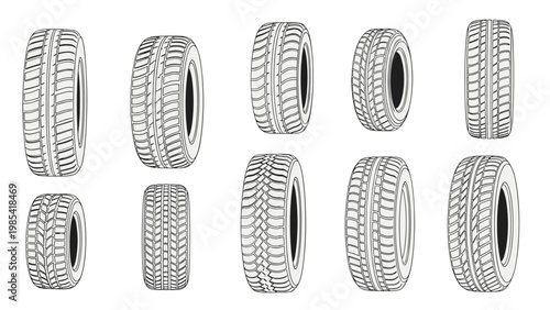 Selection of ten car and truck tires shown from different perspectives to highlight various tread patterns in a detailed black and white line art set.