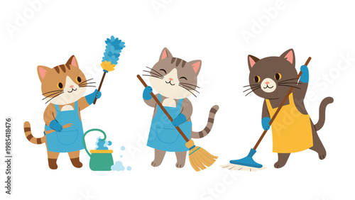 Three cute cartoon cats in blue and yellow aprons performing various cleaning tasks like sweeping mopping and dusting on a white background for home.