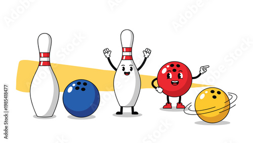 Fun bowling characters including two pins and two bowling balls with smiling faces and expressive gestures for sports and game designs and graphics.