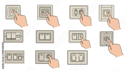 Collection of hands interacting with different types of light switches and dimmers for interior lighting control concepts on a white background design.