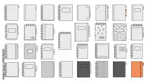 Extensive grid showing various notebook and journal designs with different bindings, patterns, and cover styles.