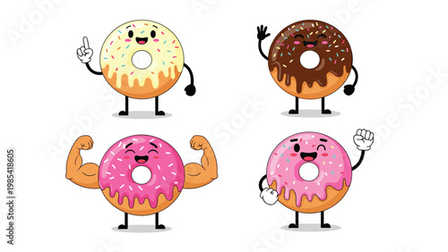 Fun set of donut characters with cute faces and limbs representing different moods and actions like being strong.