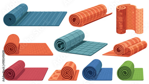 Array of rolled up mats and carpets in various colors and patterns suitable for flooring or exercise.