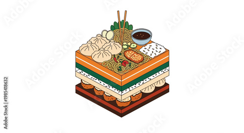 Isometric Cutaway Asian Food Vector Illustration with Noodles, Dim Sum, and Rice 3D Cross Section