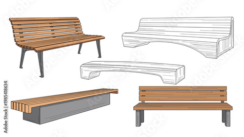 Set of various park bench designs including traditional wooden slats, modern concrete bases, and line art sketches.