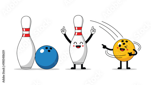 Fun bowling themed illustrations featuring animated bowling pin and ball characters with cute faces and limbs.