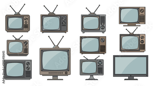 Evolution of television sets shown through various vintage models with antennas and a modern flat screen TV.
