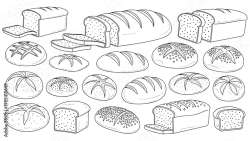 Extensive collection of various bread types including whole loaves, sliced bread, buns, and rolls in detailed line art.