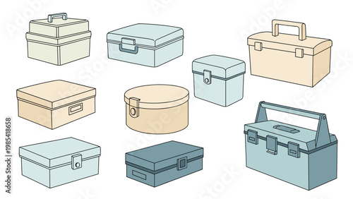 Diverse assortment of toolboxes and storage containers in various shapes and muted colors for organized tool storage.