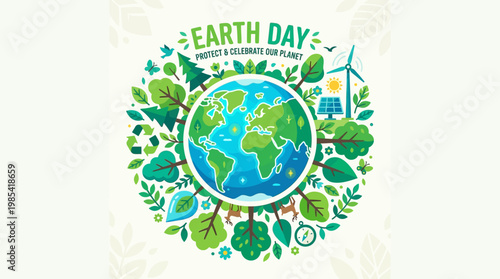 Colorful Flat Illustration of Earth Day with Ecology and Green Energy