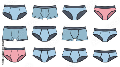 Complete set of twelve pairs of men's underwear in various colors and designs including boxers and briefs on white.