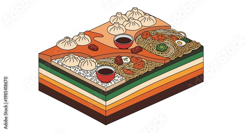 Isometric Cutaway Vector Illustration of Asian Food with Dim Sum Noodles and Rice in Geological Layer Style