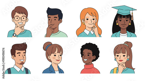 Diverse group of people avatars representing different ethnicities and professions including a student in a graduation cap.