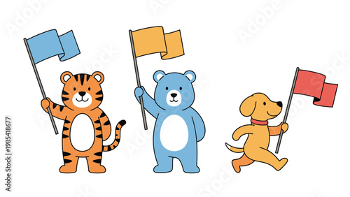 Cute cartoon tiger, bear, and dog characters holding colorful blue, yellow, and red flags while standing or walking.