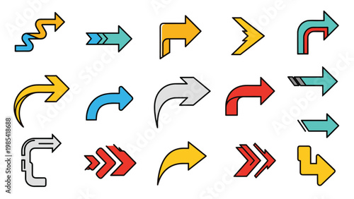 Comprehensive set of fifteen colorful and dynamic arrow icons in different styles and shapes for navigation and design.
