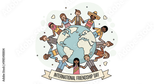 Handdrawn Earth Globe with Diverse People for International Friendship Day