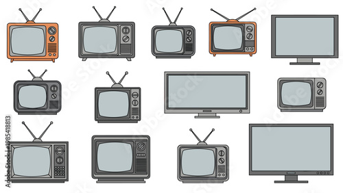 Set of various vintage and modern television sets along with flat screen monitors in different styles and sizes for entertainment and media.
