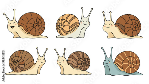 Adorable set of six cartoon snail characters with various brown spiraled shells and happy smiling expressions on white.