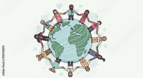 Flat Illustration Diverse People Holding Hands Around the World Global Unity