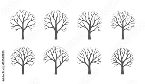 Eight bare winter trees in a grid pattern a white branches silhouette