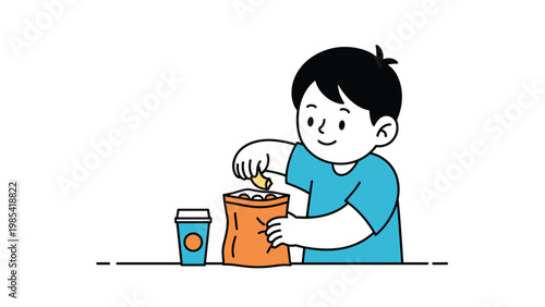 Illustration of a young boy happily enjoying a snack of potato chips from an orange bag with a beverage cup placed on the table next to him.