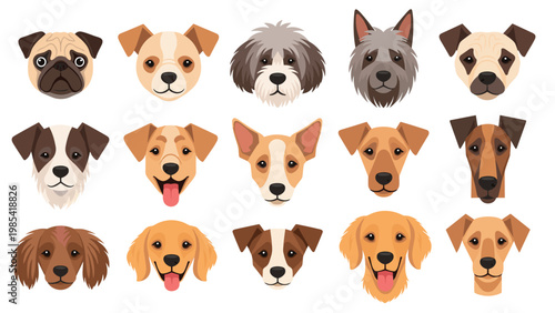 Group of various dog breed head illustrations showcasing a wide variety of facial features, ears, and expressions for pet lovers and design.