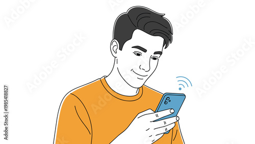 Illustration of a young man smiling while using his smartphone which displays a wireless signal icon above it to represent mobile connectivity.