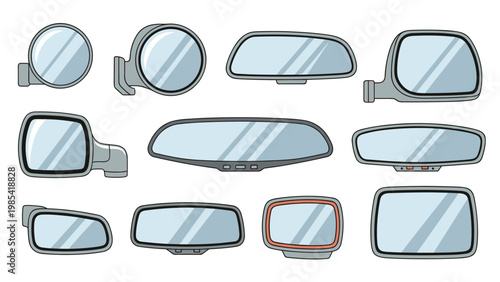 Set of eleven diverse automotive side and rearview mirrors in various shapes and sizes with grey frames for safety.