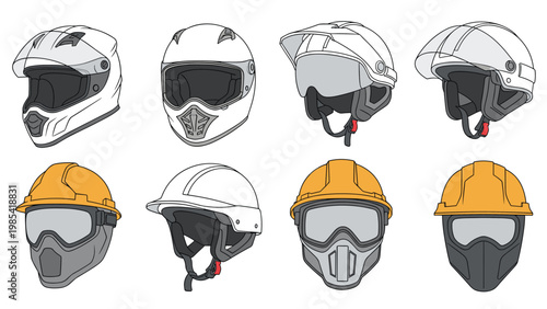 Collection of various protective helmet designs including full-face motorcycle helmets and industrial hard hats with goggles for safety use.