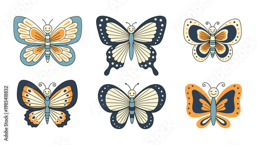 Set of colorful butterfly illustrations featuring smiling faces and different wing patterns in various shades of blue, orange, and cream.