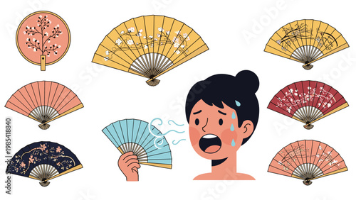 Illustration of a person feeling hot and sweaty surrounded by various traditional hand fan designs in different patterns and vibrant colors.