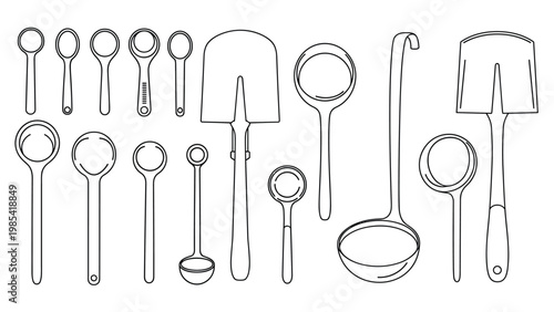 Selection of kitchen utensil line drawings including various spoons, ladles, and spatulas in different shapes and sizes for culinary graphics.
