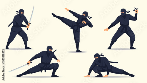 Set of ninja characters in various dynamic action poses wearing traditional black outfits and wielding weapons like swords and throwing stars.