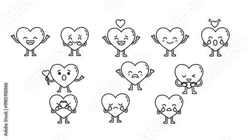 Set of heart characters with different facial expressions and poses drawn in a simple black line art style for emotional and romantic themes.