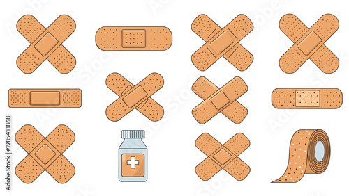 Set of medical adhesive bandages in different shapes and sizes along with a roll of medical tape and a medicine bottle for first aid concepts.
