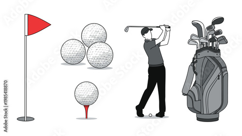 Collection of golf-related illustrations including a player swinging a club, several golf balls, a professional bag, and a red flag on a hole.