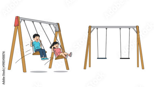 Illustration of children playing on a swing set alongside a depiction of an empty playground swing frame to show different states of activity.
