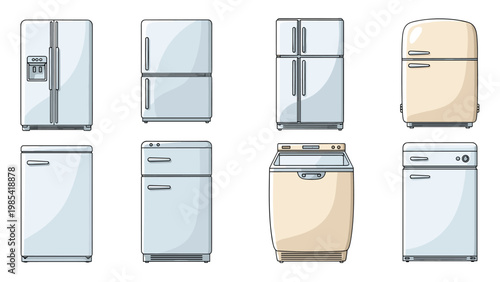 Collection of different refrigerator and washing machine models in various styles from vintage designs to modern household kitchen appliances.