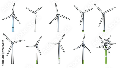 Variety of wind turbine illustrations showcasing different blade positions and structural designs used for generating sustainable green energy.