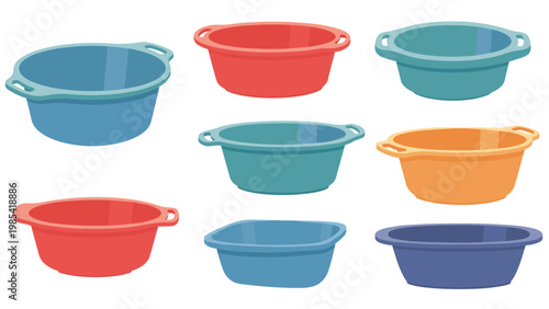 Collection of plastic basins and bowls in different colors and shapes for various household chores, laundry tasks, and kitchen storage needs.