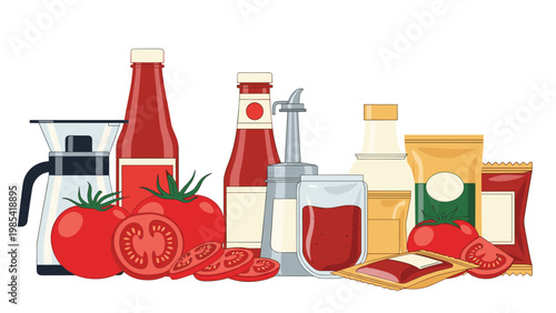 Still life illustration of tomato-based products including fresh whole tomatoes, sliced pieces, ketchup bottles, and various sauce packages.