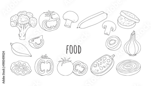 Hand drawn line collection of fresh vegetables and food broccoli tomato mushroom